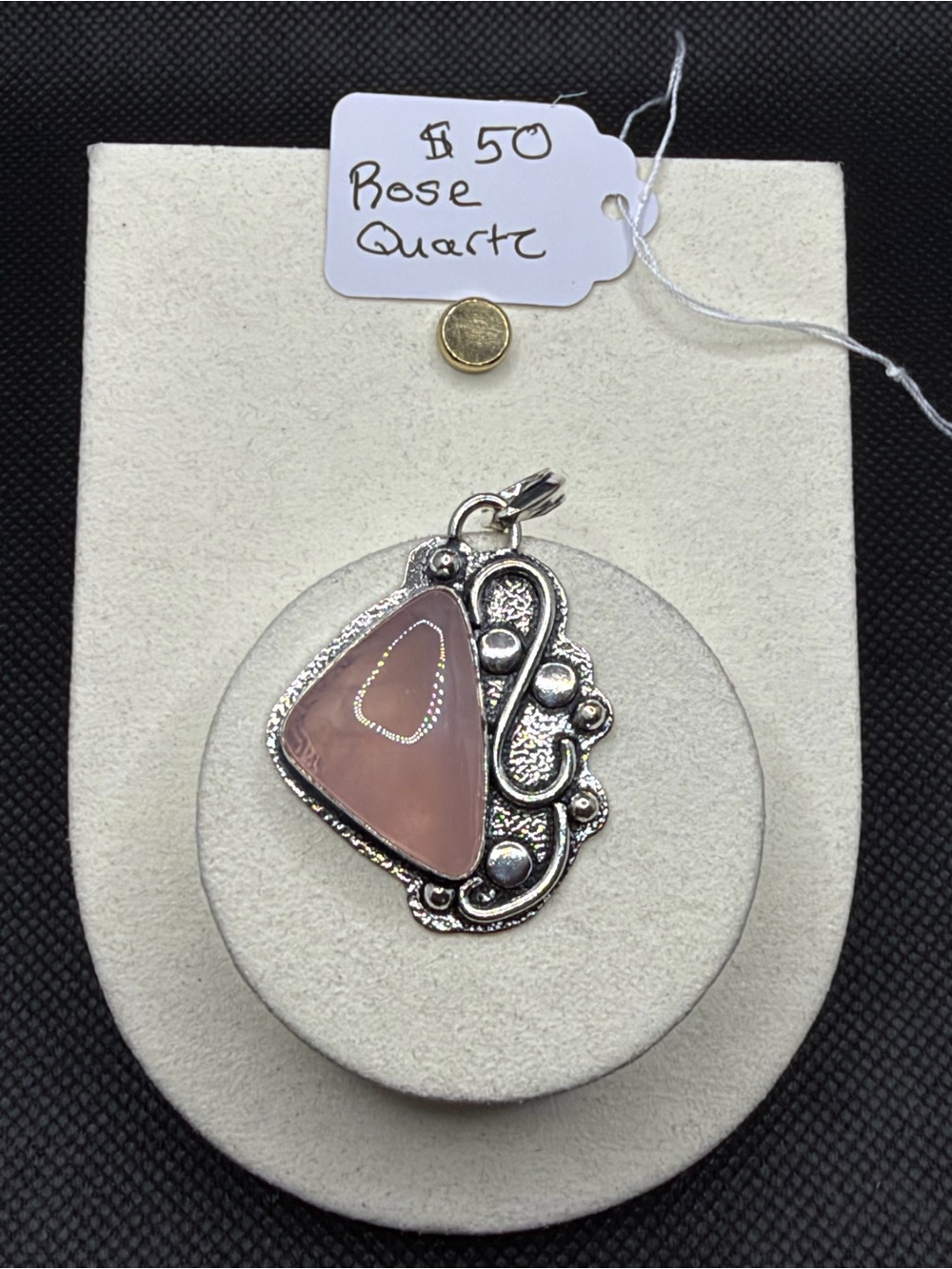 Silver plated Rose Quartz Pendant- Feminine Pink Gem 1.75”